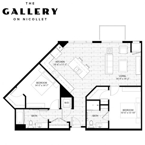 Floor plan for 2 beds, 2 baths, 1156 sqft